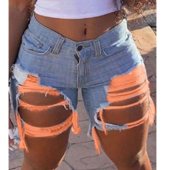 Pants - Orange Denim Ripped Jean Shorts